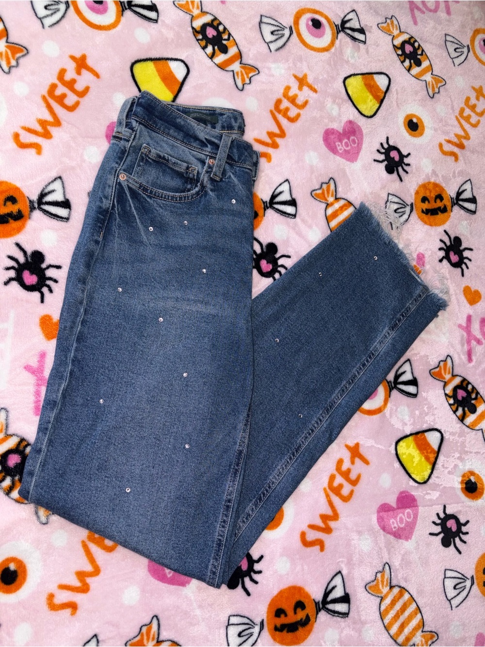 Embellished Denim Super High Rise Straight Jeans